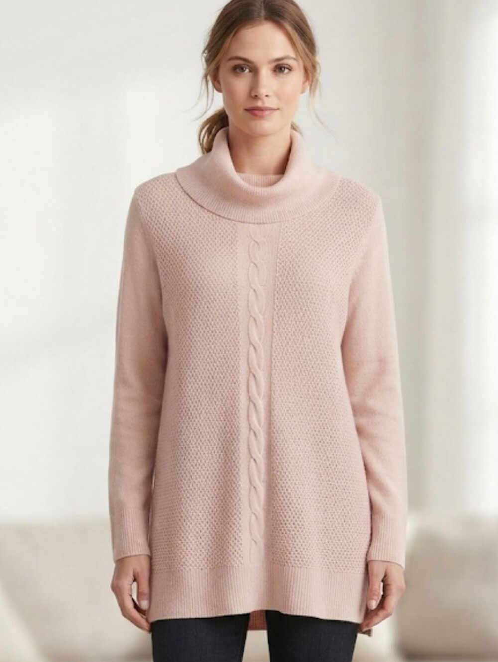 Dana Buchman Pink Cable Knit Acrylic Cowl Neck Tunic Sweater Size XL